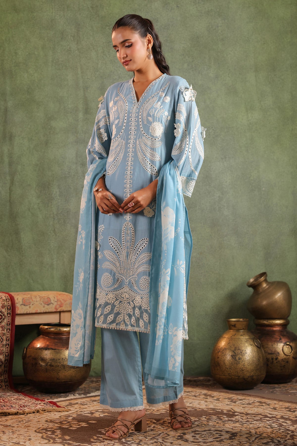 Sky Cotton Embroidered Suit Set