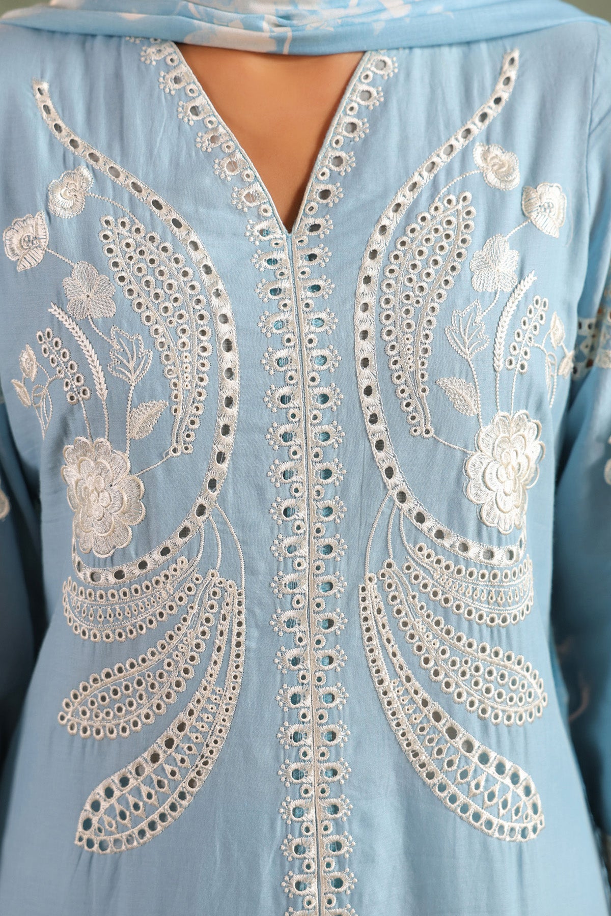 Sky Cotton Embroidered Suit Set