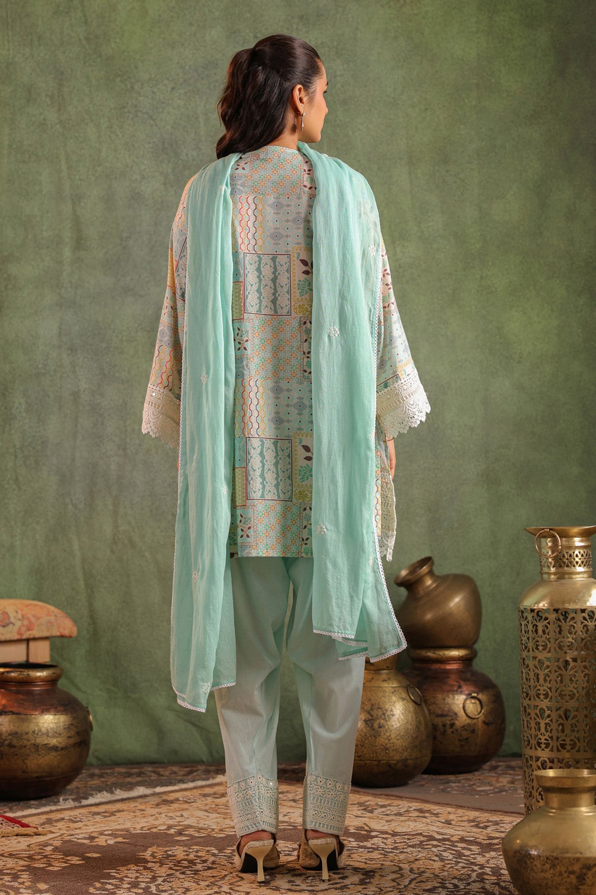 Sea Green Cotton Embroidered Suit Set