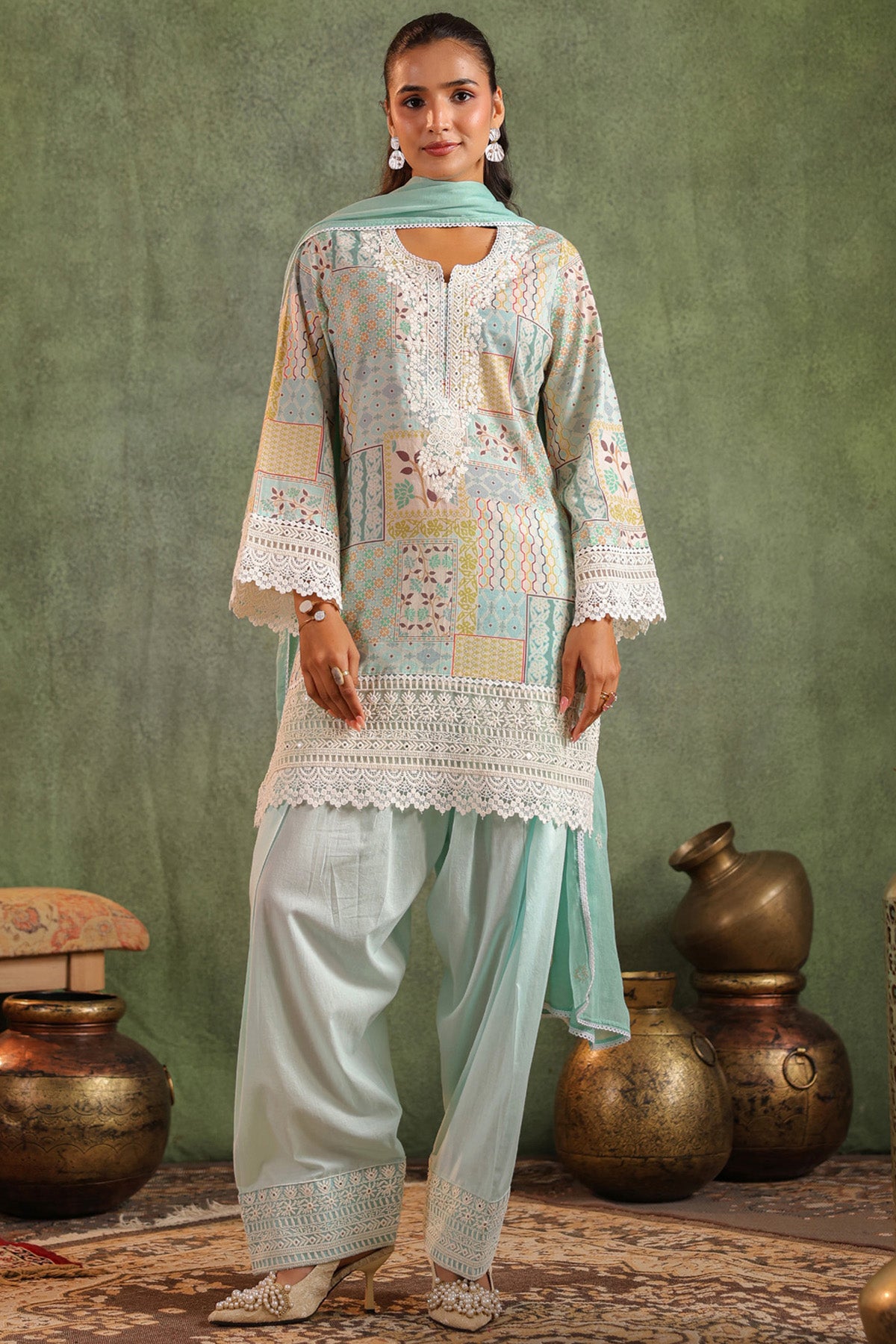 Sea Green Cotton Embroidered Suit Set