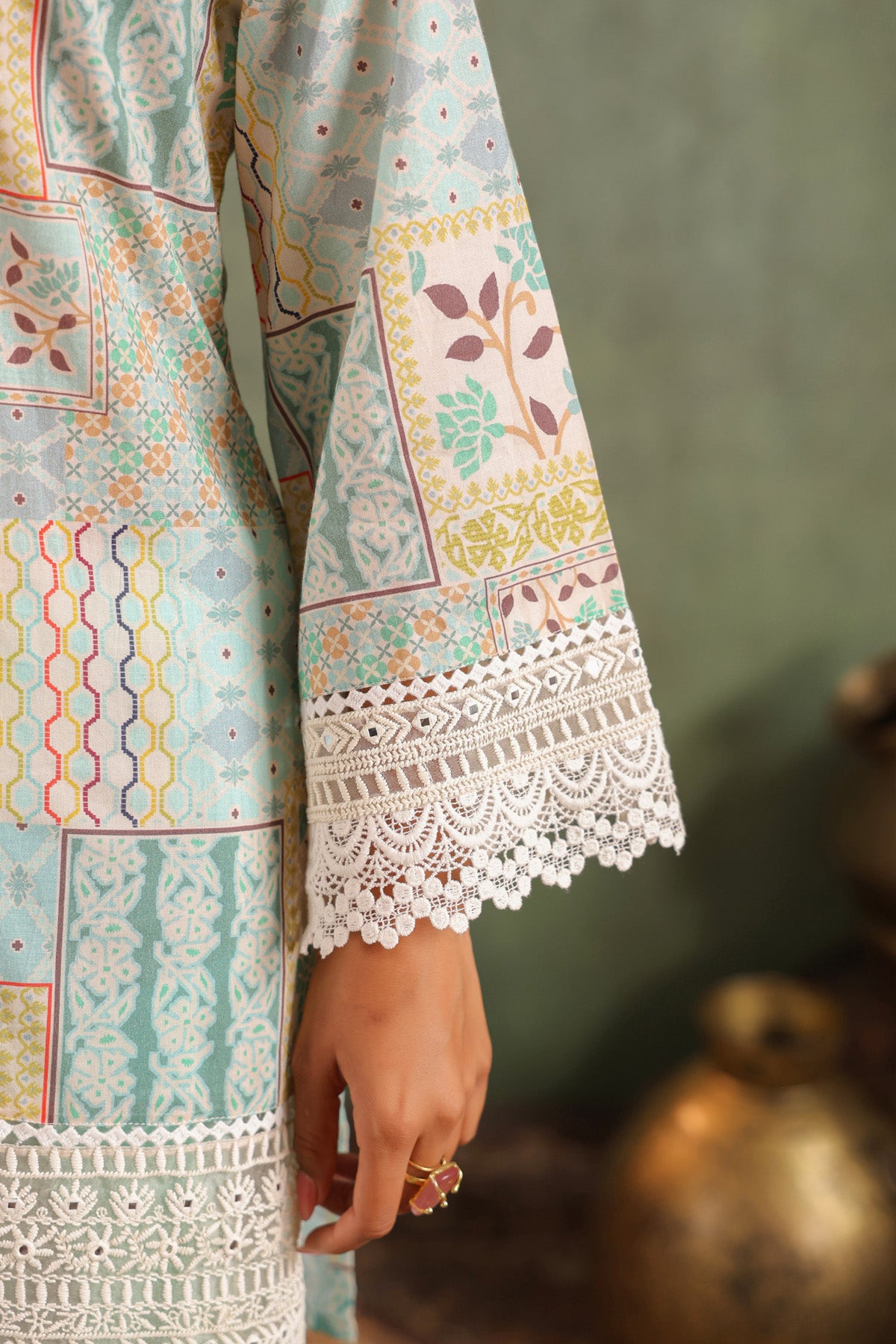 Sea Green Cotton Embroidered Suit Set