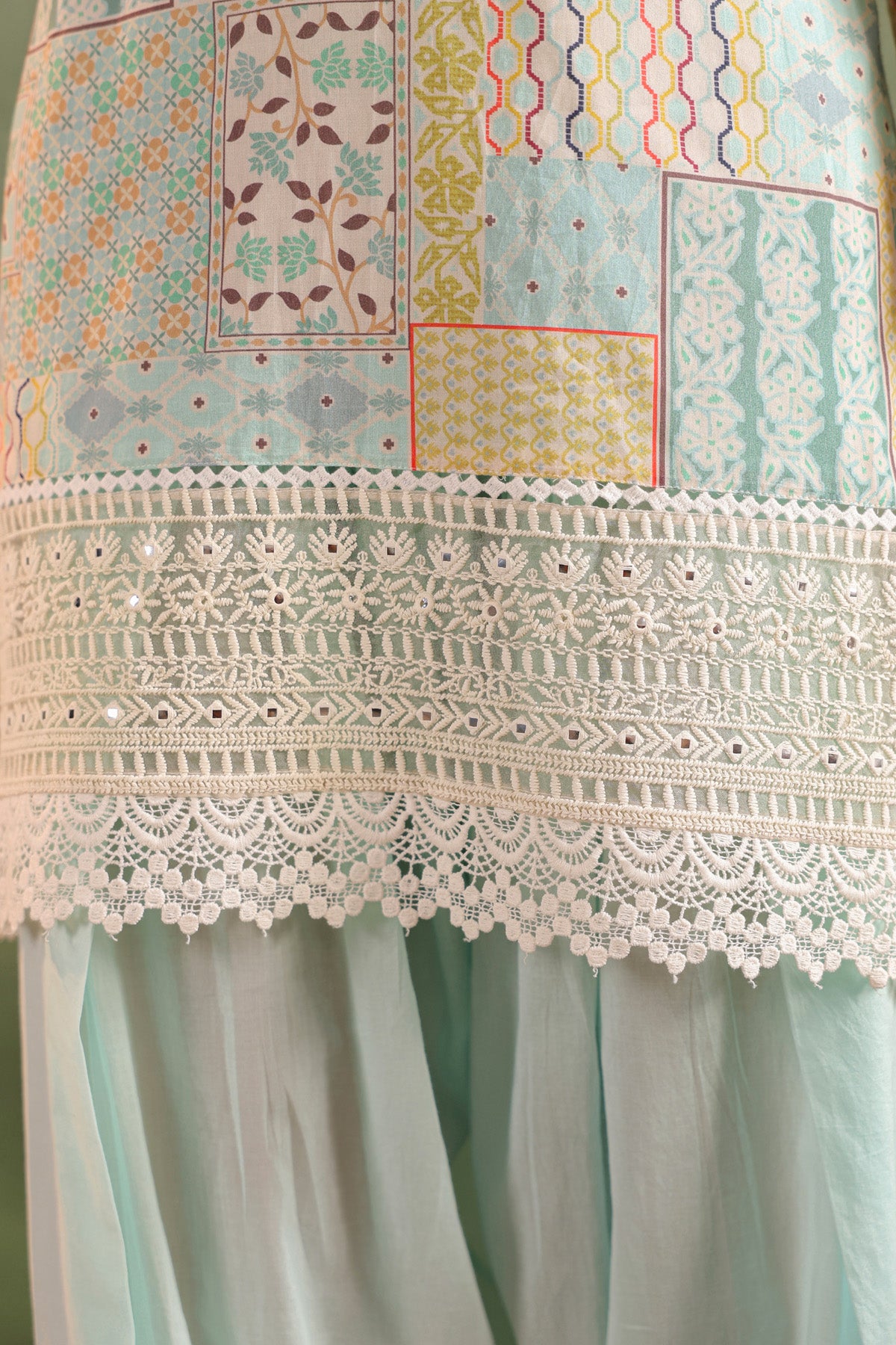 Sea Green Cotton Embroidered Suit Set