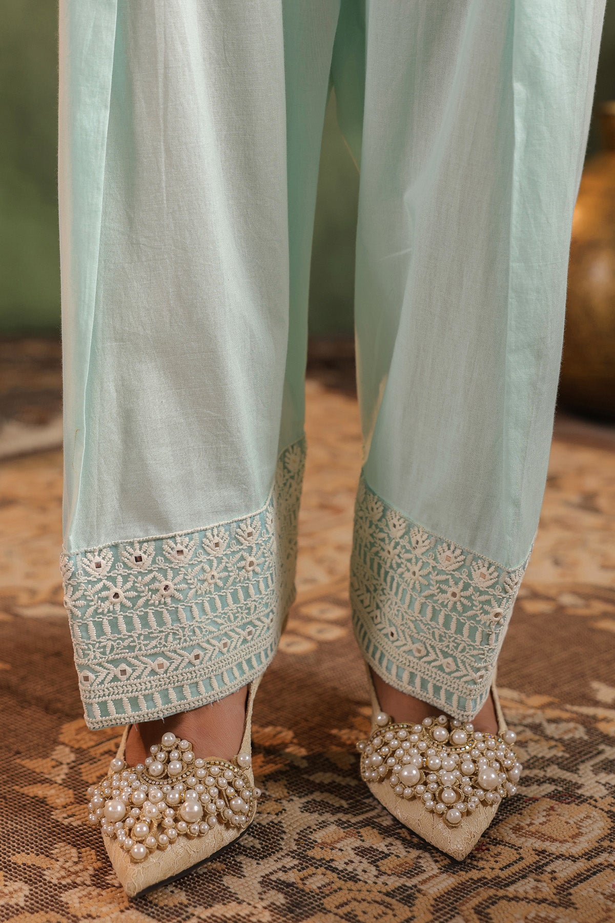 Sea Green Cotton Embroidered Suit Set
