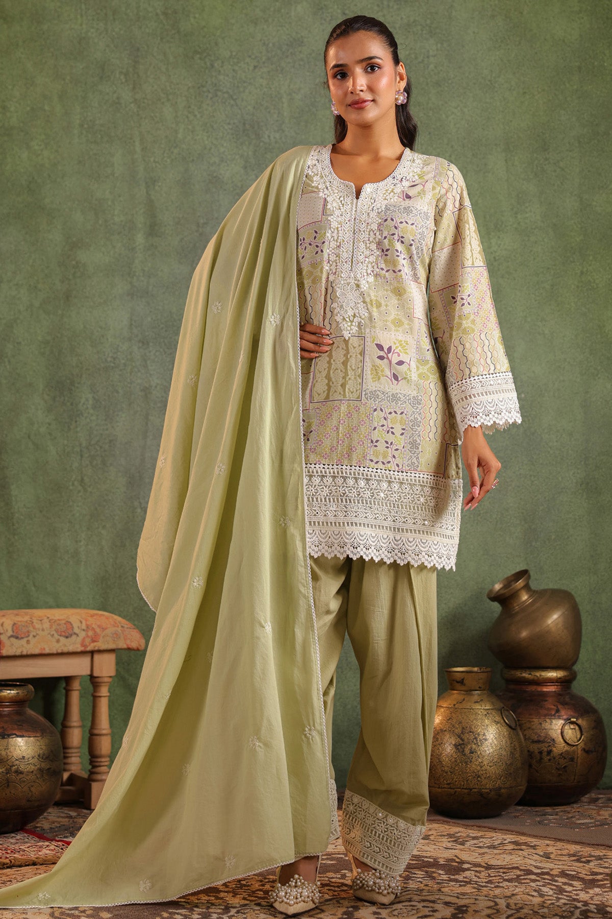 Olive Green Cotton Embroidered Suit Set