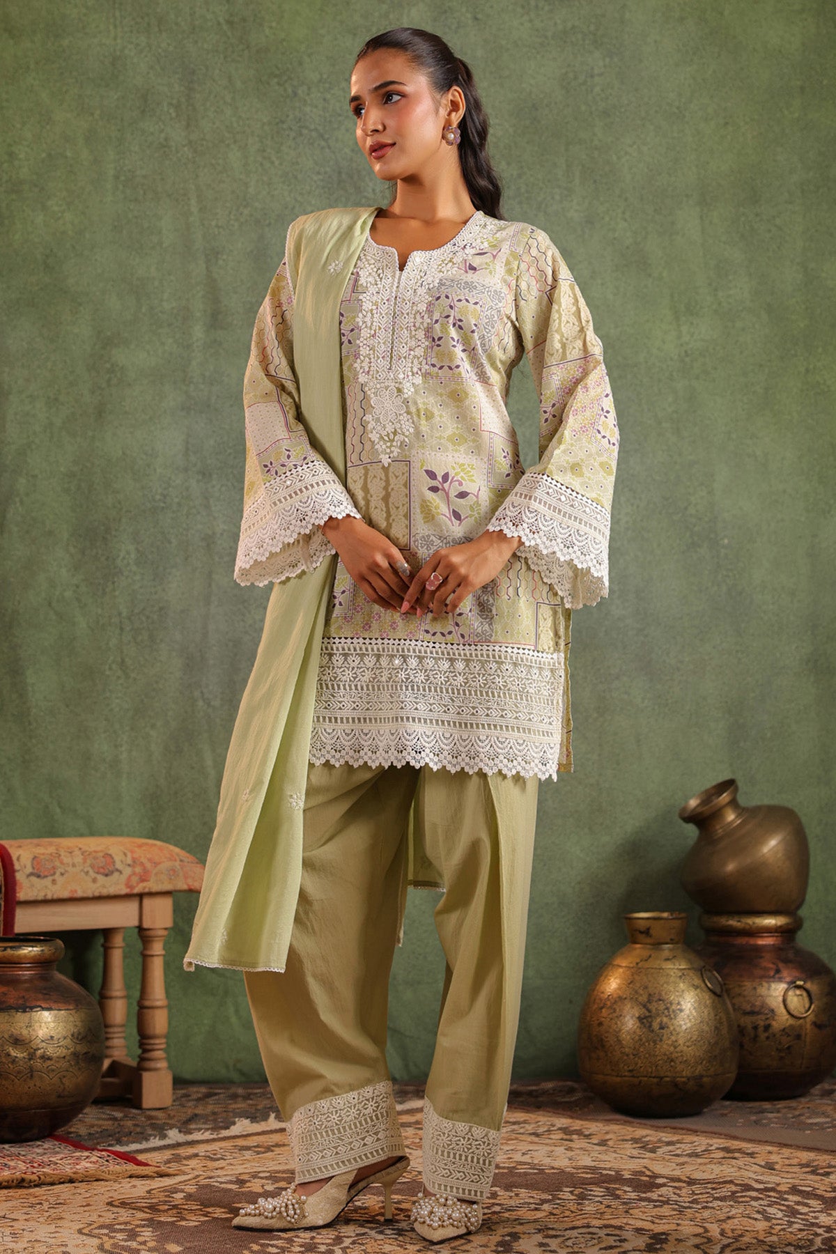 Olive Green Cotton Embroidered Suit Set