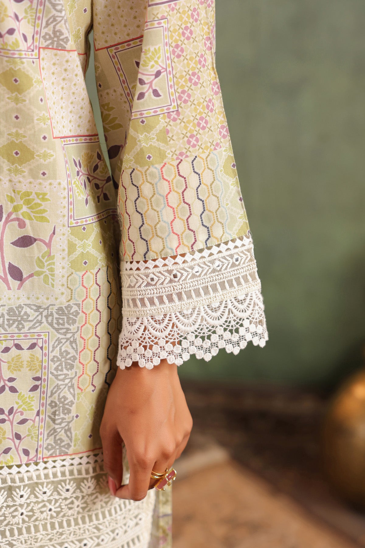 Olive Green Cotton Embroidered Suit Set