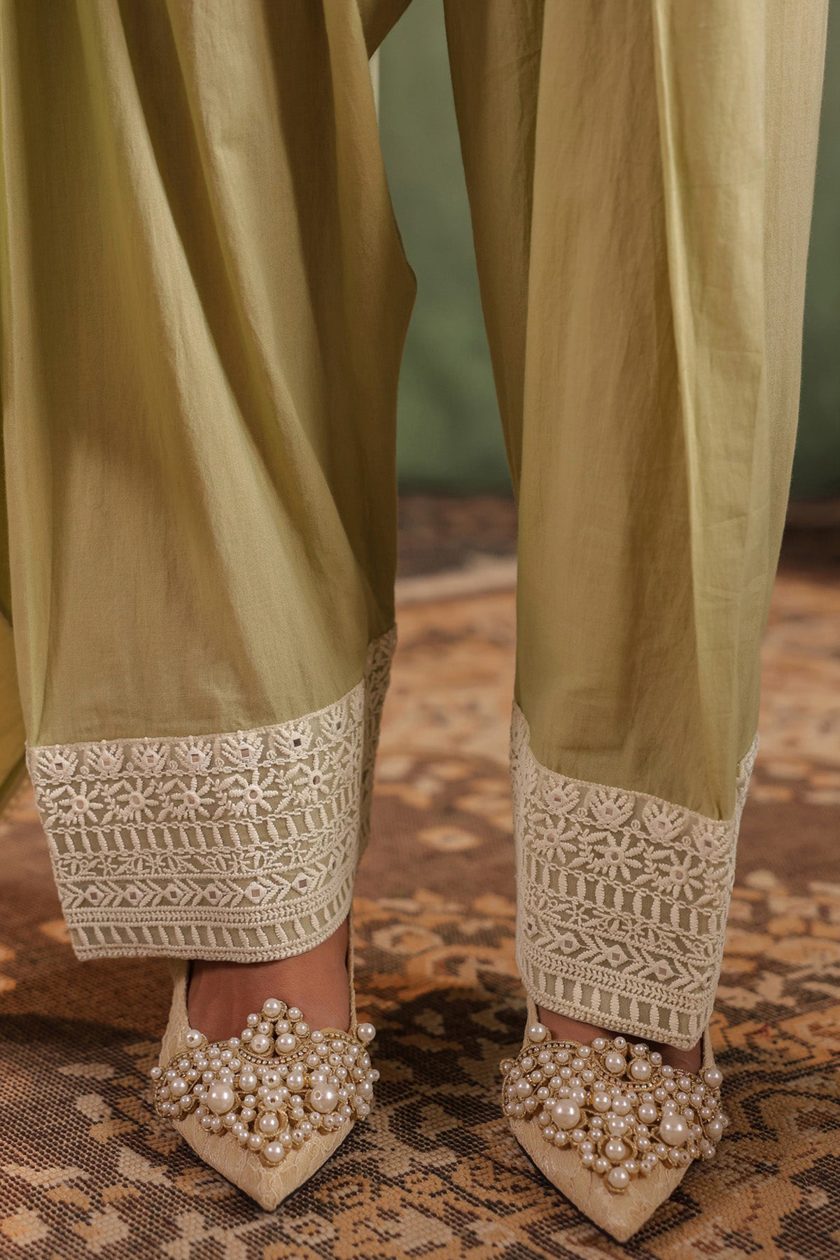 Olive Green Cotton Embroidered Suit Set