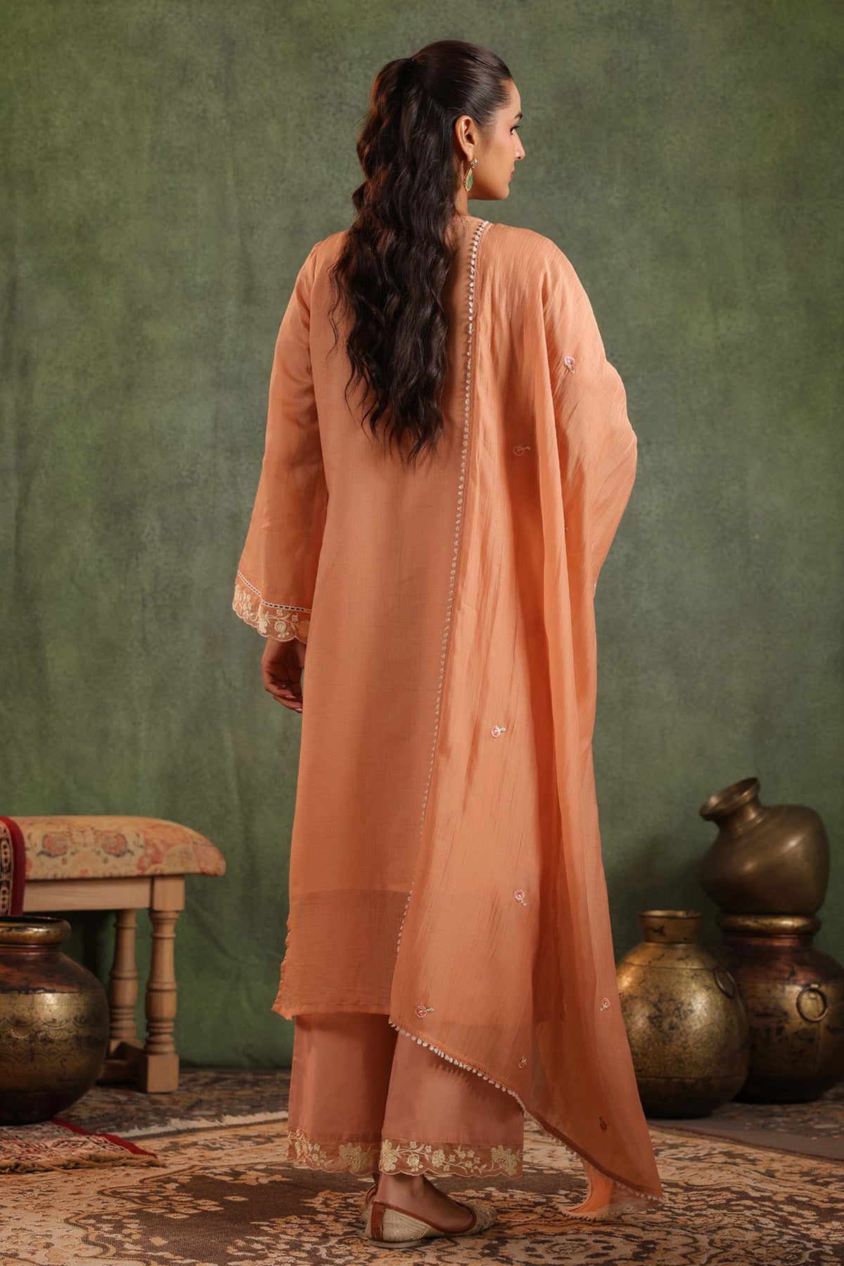 Peach Orange Mal Chanderi Embroidered Straight Suit Set With Dupatta