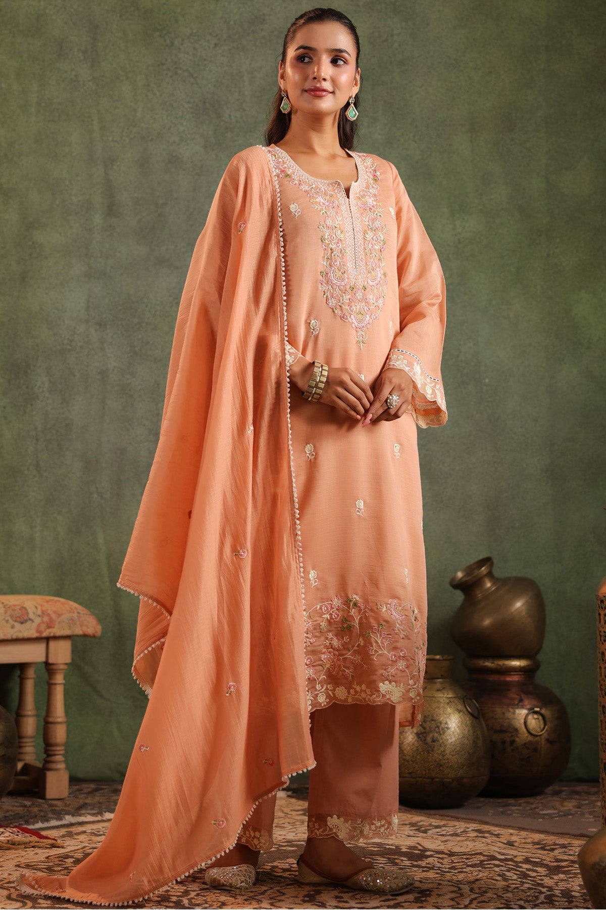 Peach Orange Mal Chanderi Embroidered Straight Suit Set With Dupatta