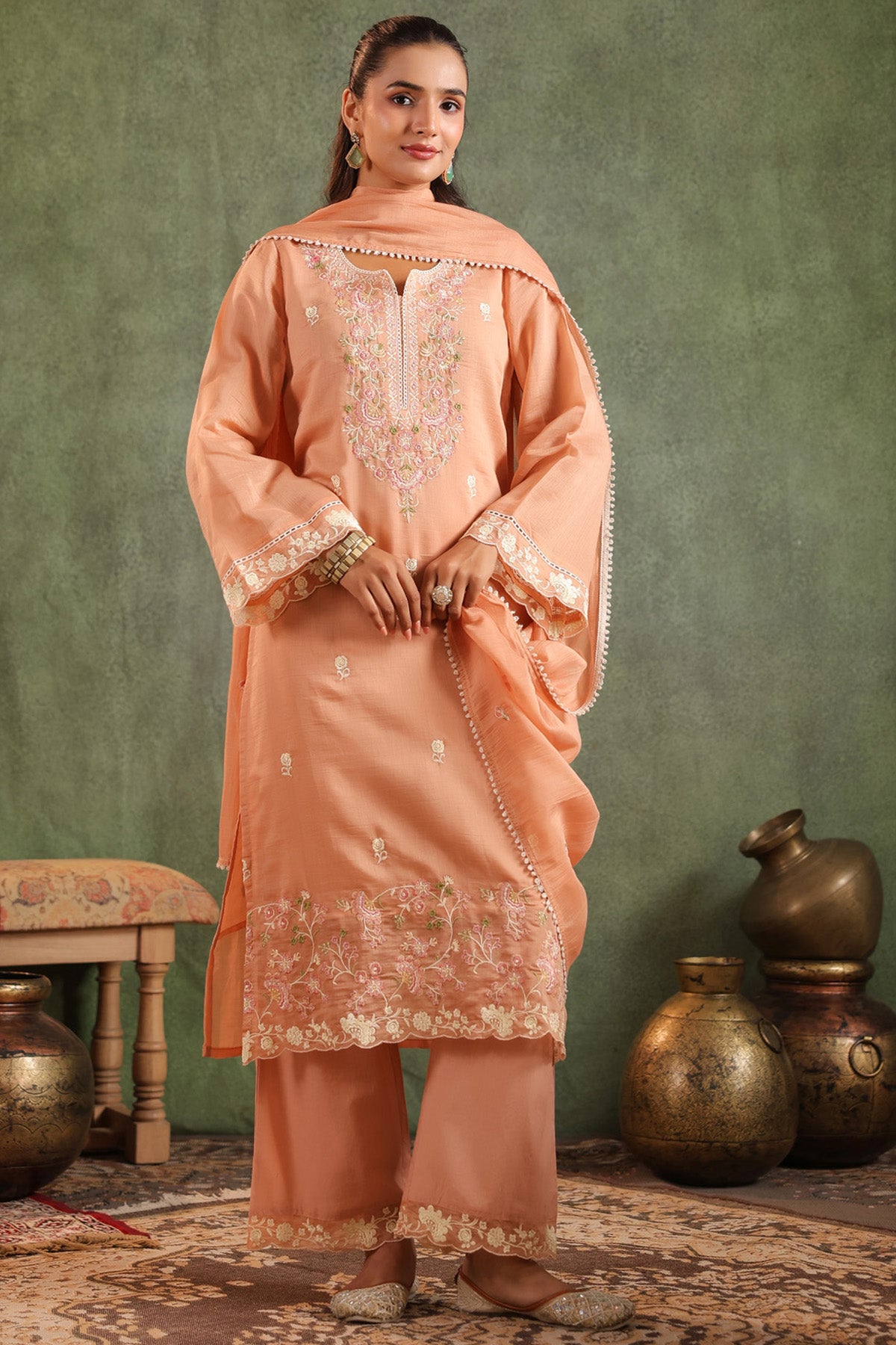 Peach Orange Mal Chanderi Embroidered Straight Suit Set With Dupatta