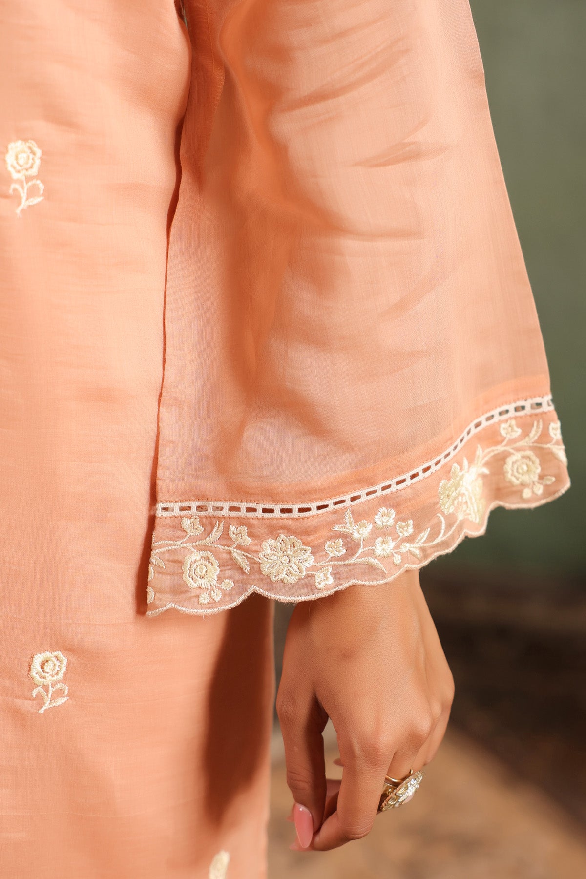 Peach Orange Mal Chanderi Embroidered Straight Suit Set With Dupatta