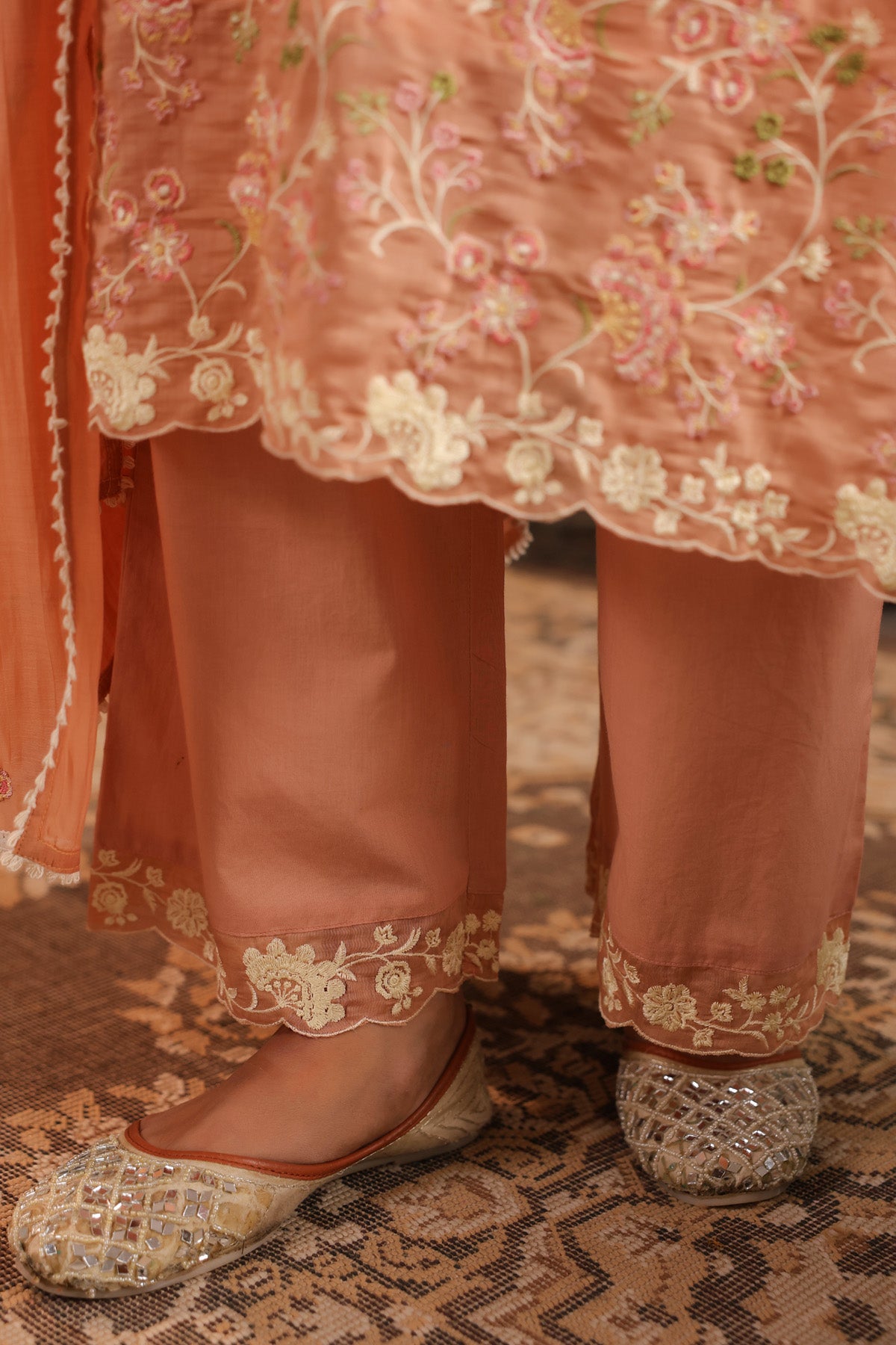 Peach Orange Mal Chanderi Embroidered Straight Suit Set With Dupatta