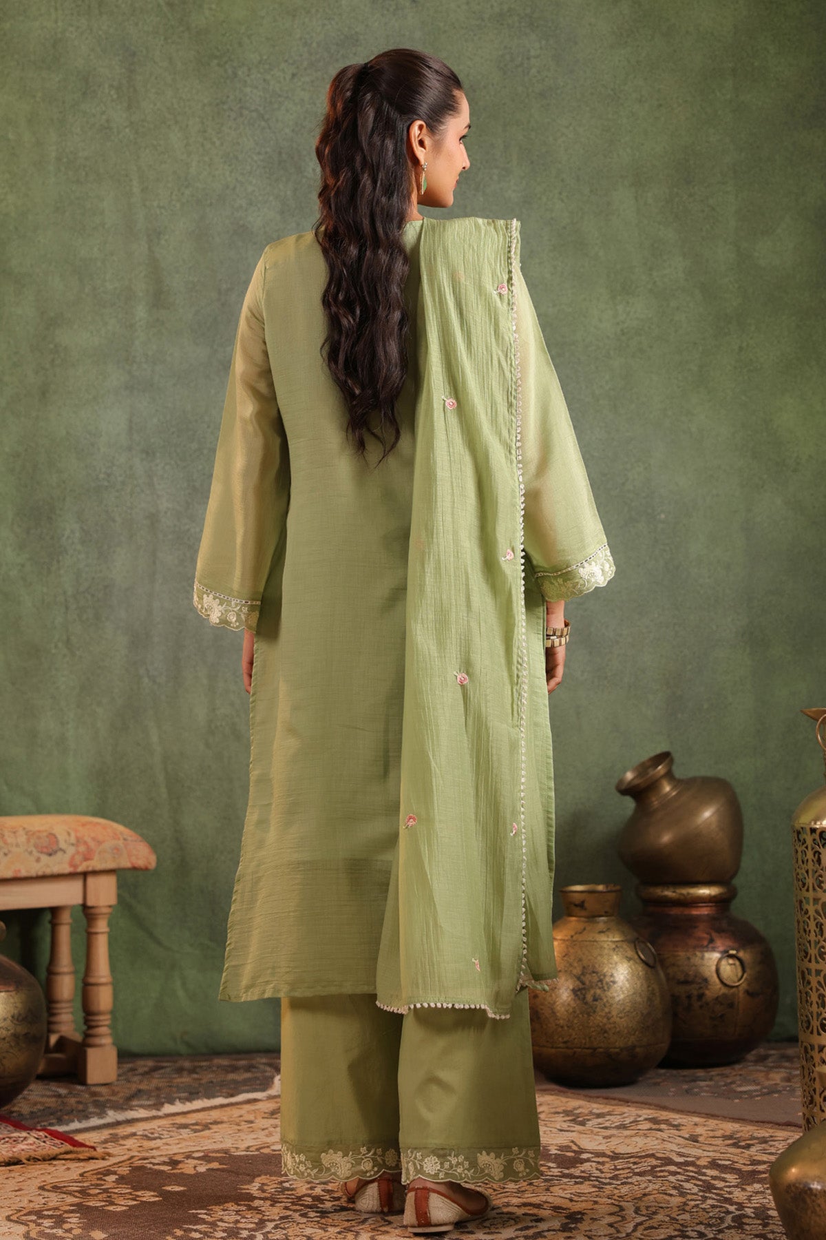 Sage Green Mal Chanderi Embroidered Straight Suit Set With Dupatta
