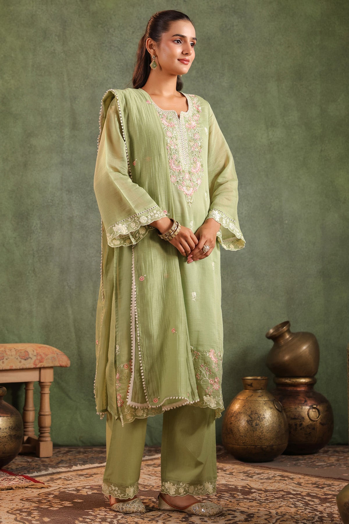 Sage Green Mal Chanderi Embroidered Straight Suit Set With Dupatta