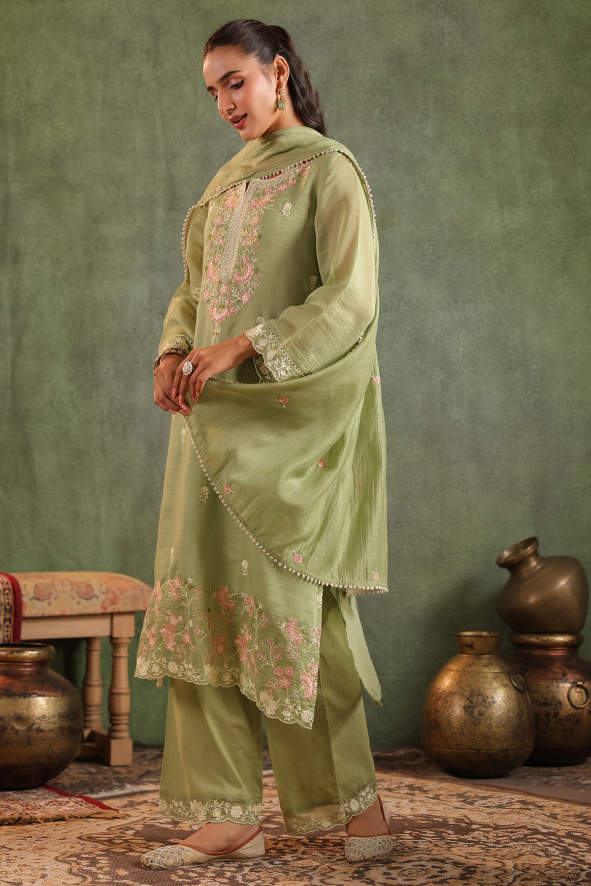 Sage Green Mal Chanderi Embroidered Straight Suit Set With Dupatta