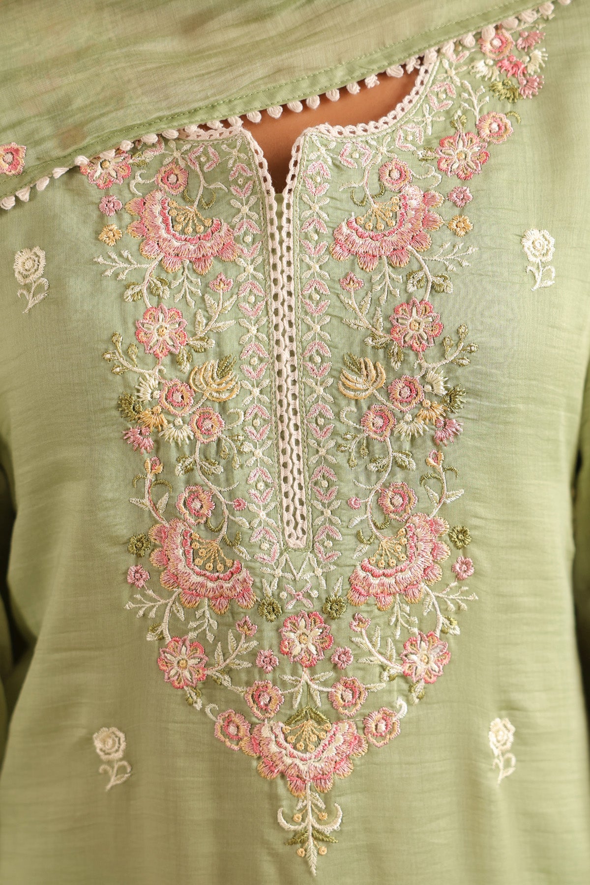 Sage Green Mal Chanderi Embroidered Straight Suit Set With Dupatta