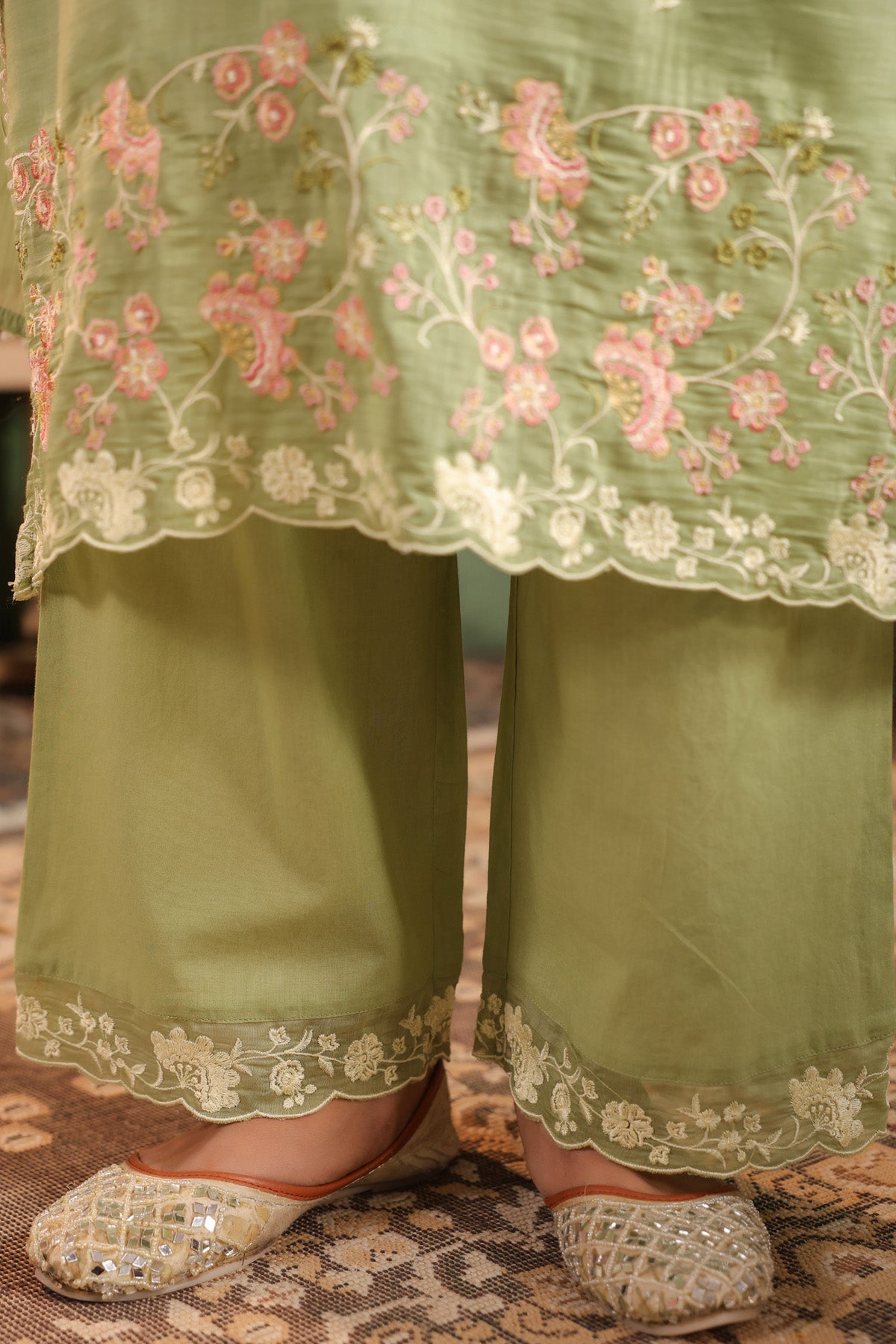 Sage Green Mal Chanderi Embroidered Straight Suit Set With Dupatta