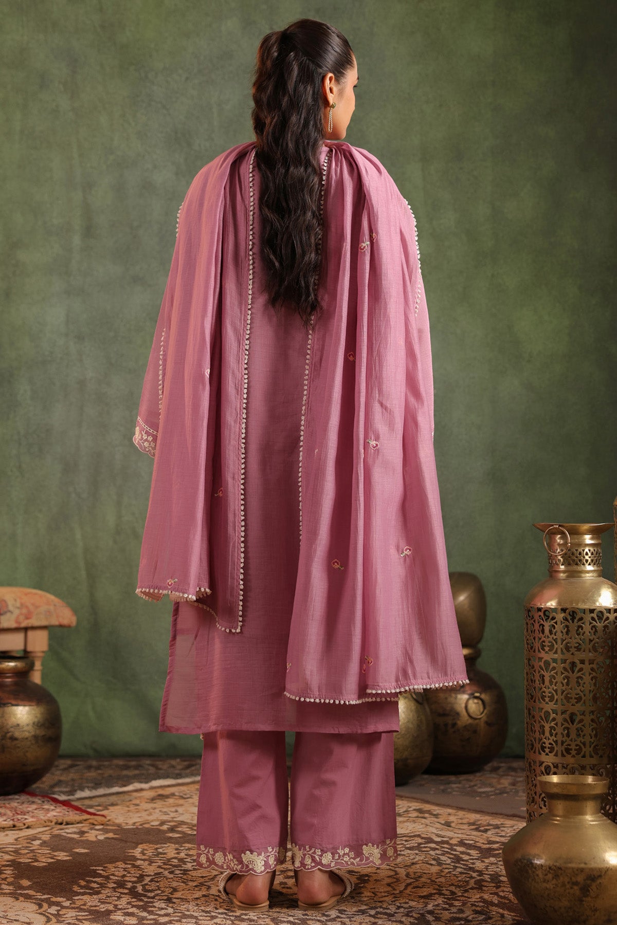 Mauve Pink Mal Chanderi Embroidered Straight Suit Set With Dupatta