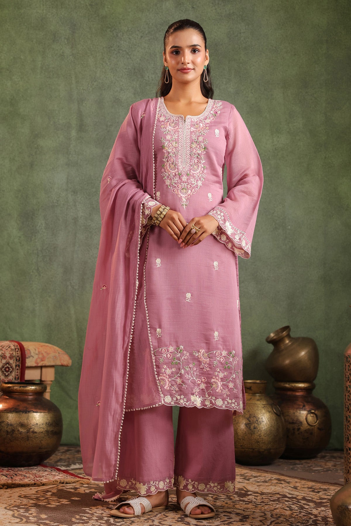 Mauve Pink Mal Chanderi Embroidered Straight Suit Set With Dupatta