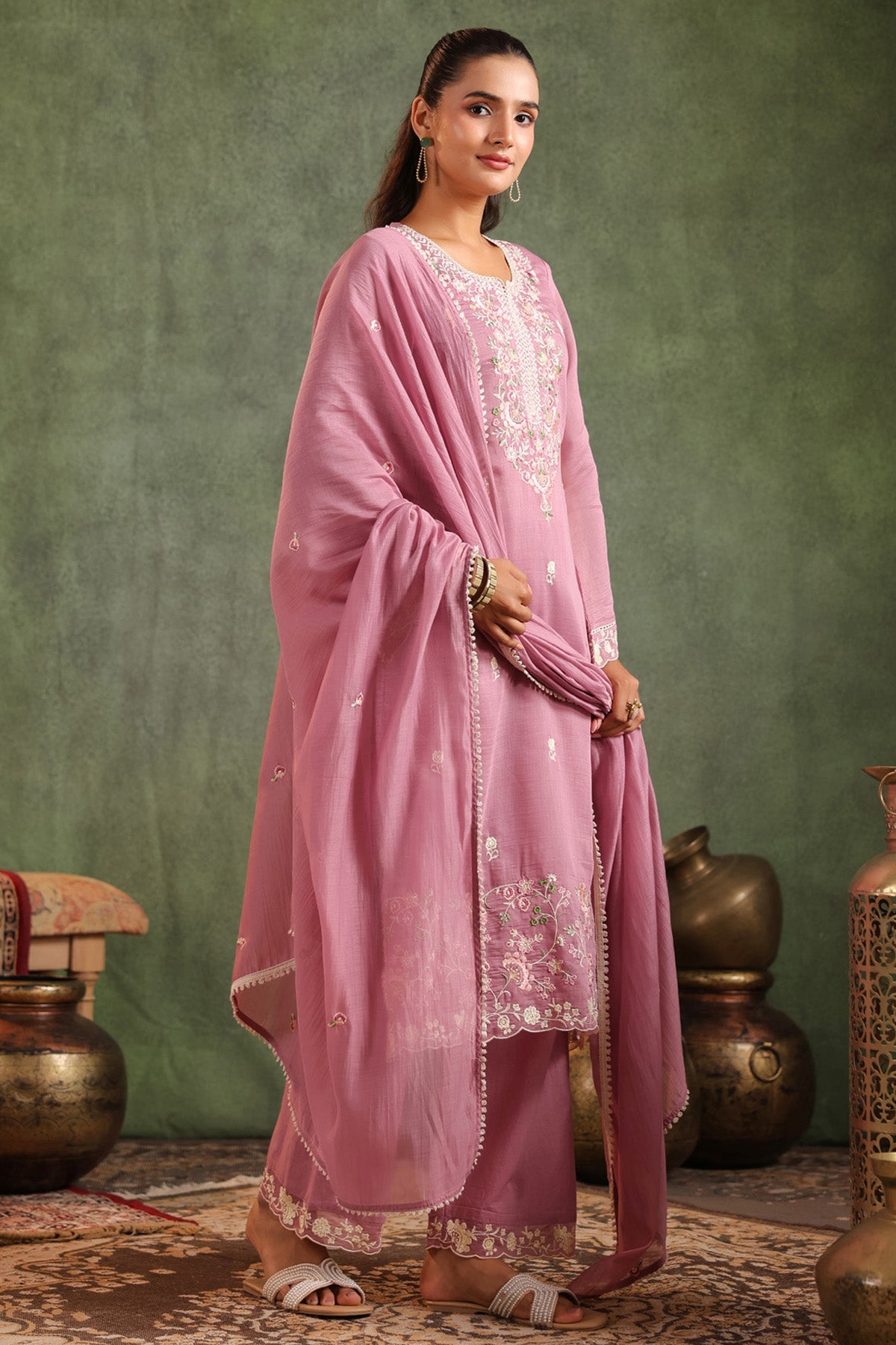 Mauve Pink Mal Chanderi Embroidered Straight Suit Set With Dupatta