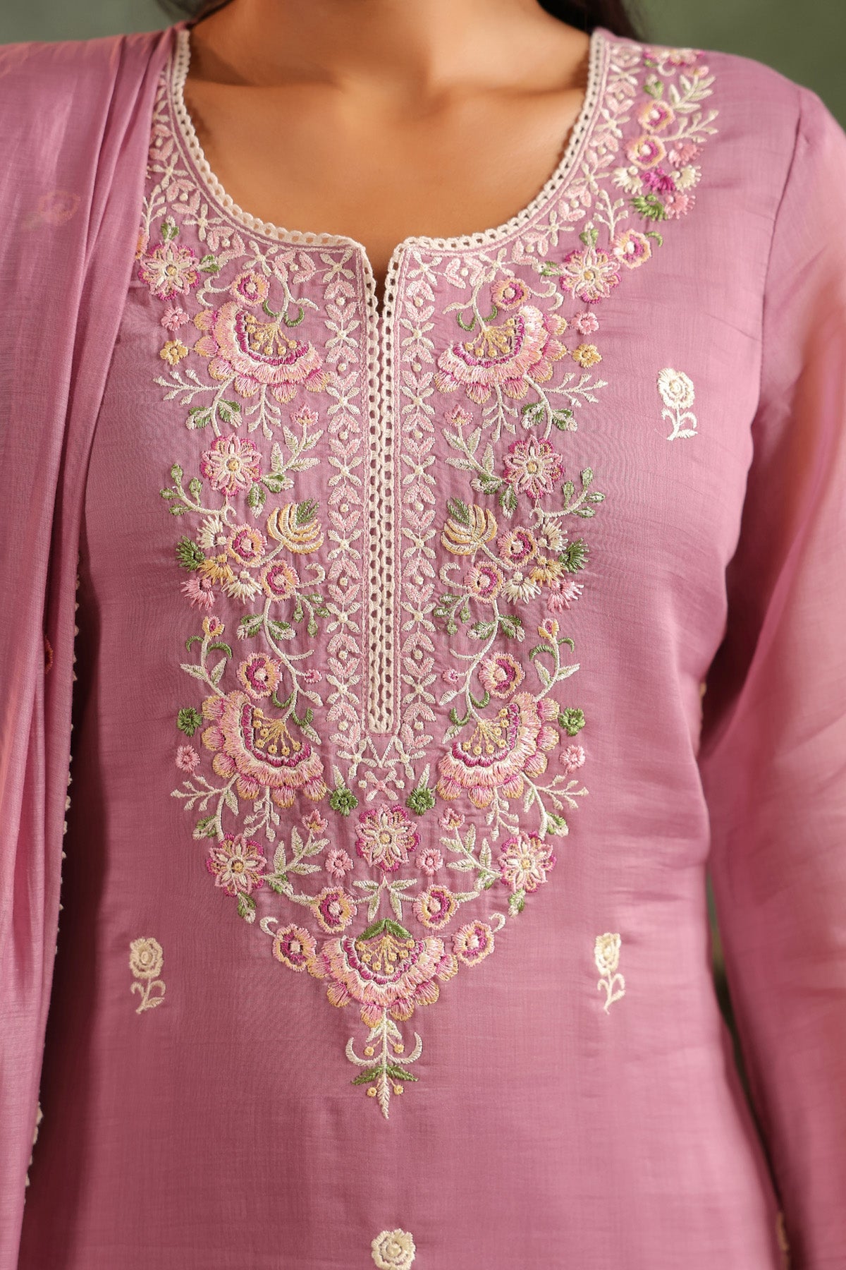 Mauve Pink Mal Chanderi Embroidered Straight Suit Set With Dupatta