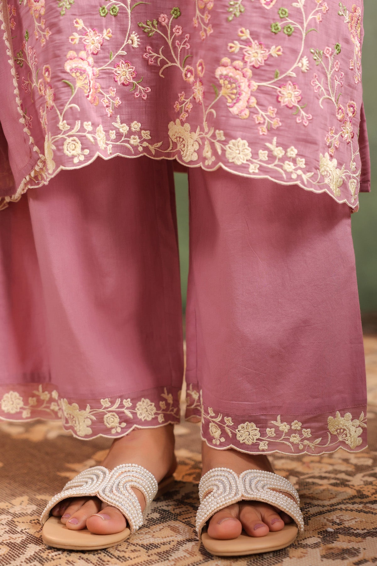 Mauve Pink Mal Chanderi Embroidered Straight Suit Set With Dupatta