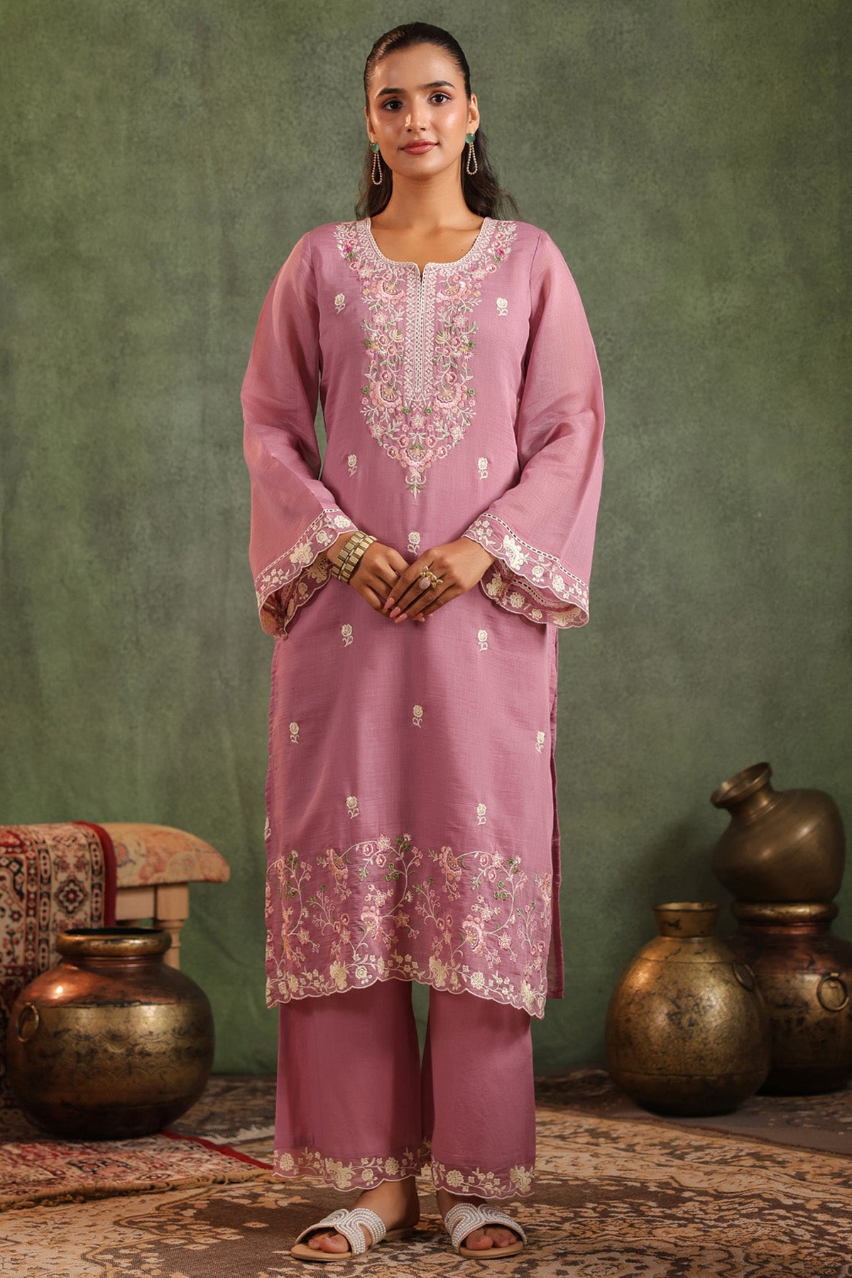 Mauve Pink Mal Chanderi Embroidered Straight Suit Set With Dupatta