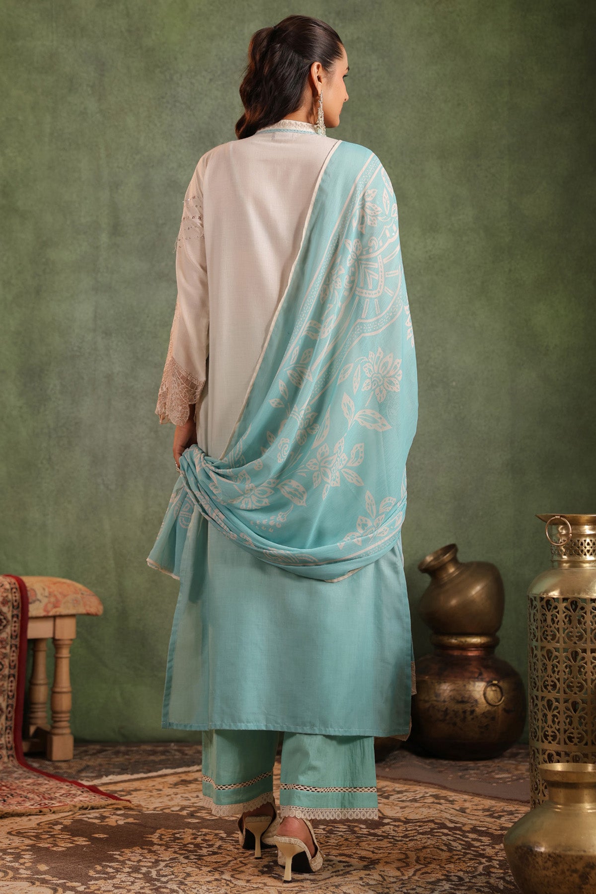 Seafoam Blue Cotton Embroidered Straight Suit Set With Dupatta