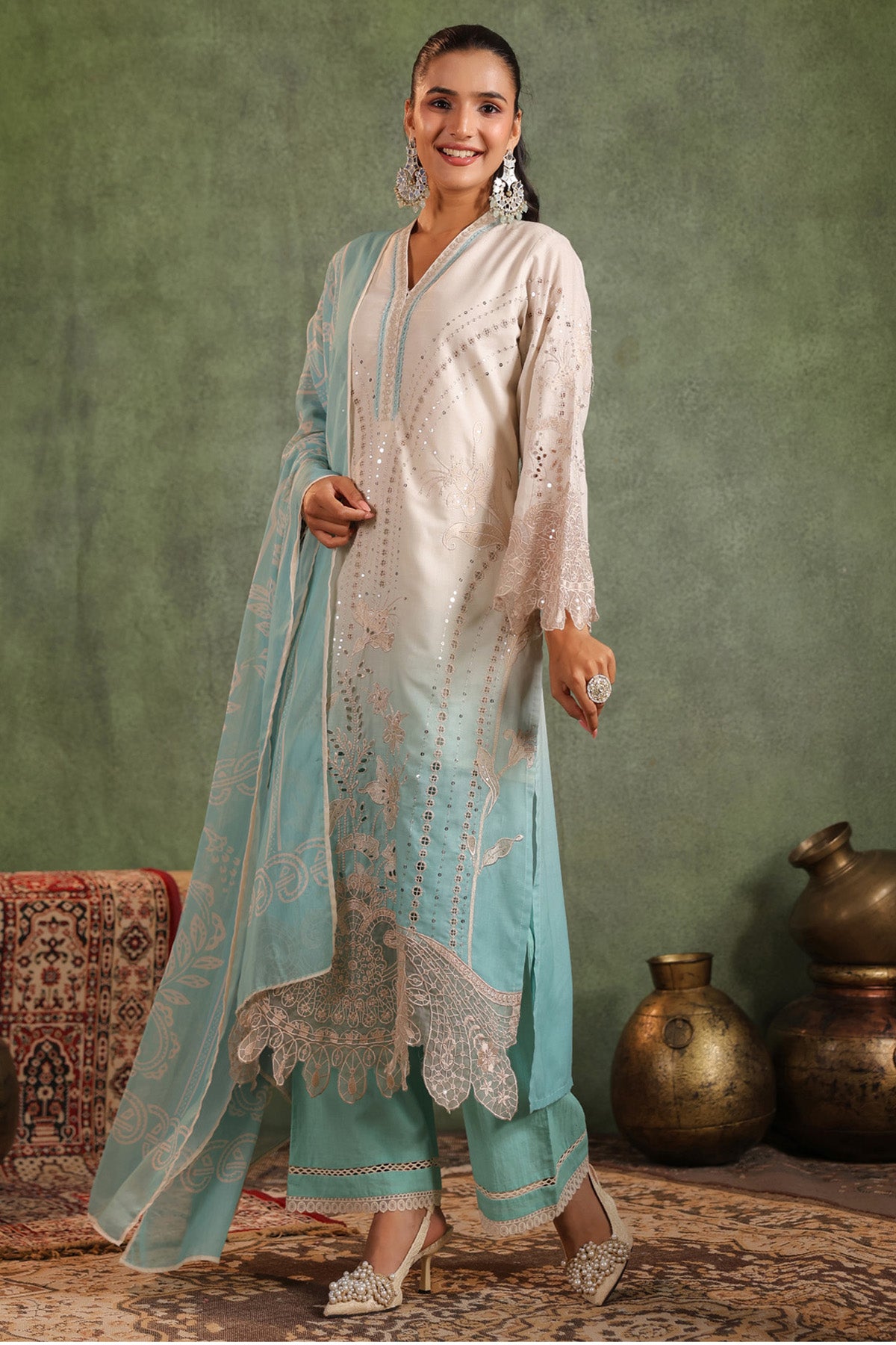 Seafoam Blue Cotton Embroidered Straight Suit Set With Dupatta