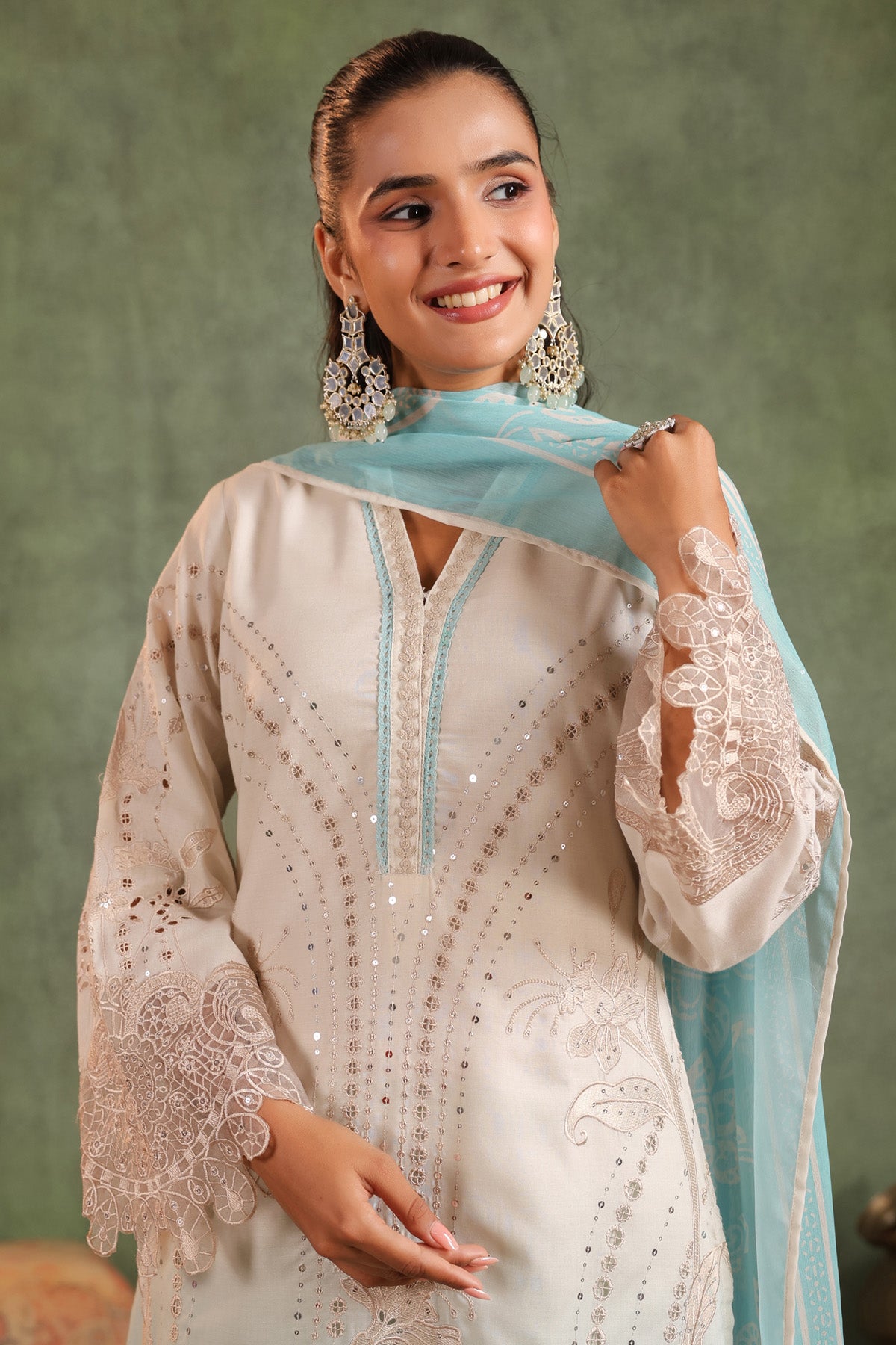 Seafoam Blue Cotton Embroidered Straight Suit Set With Dupatta