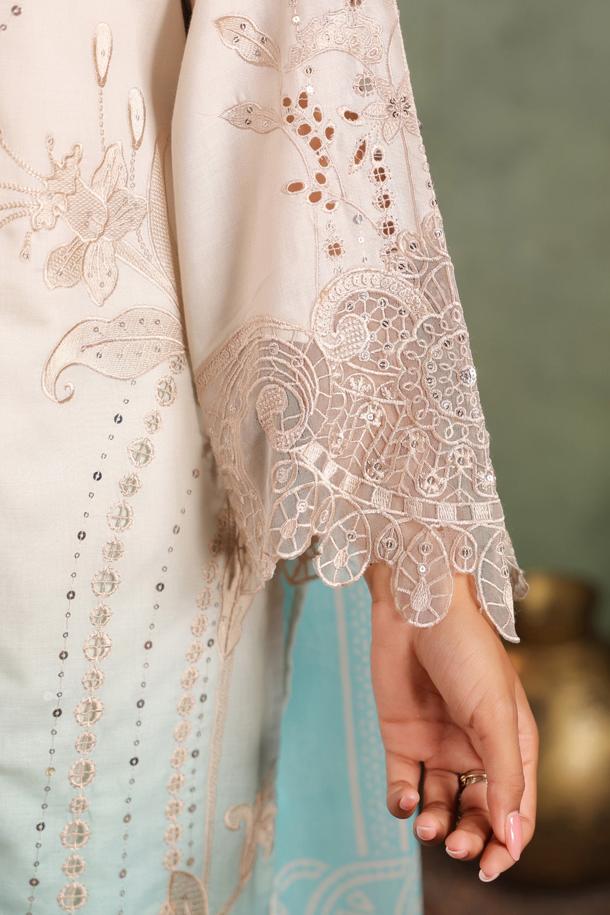 Seafoam Blue Cotton Embroidered Straight Suit Set With Dupatta