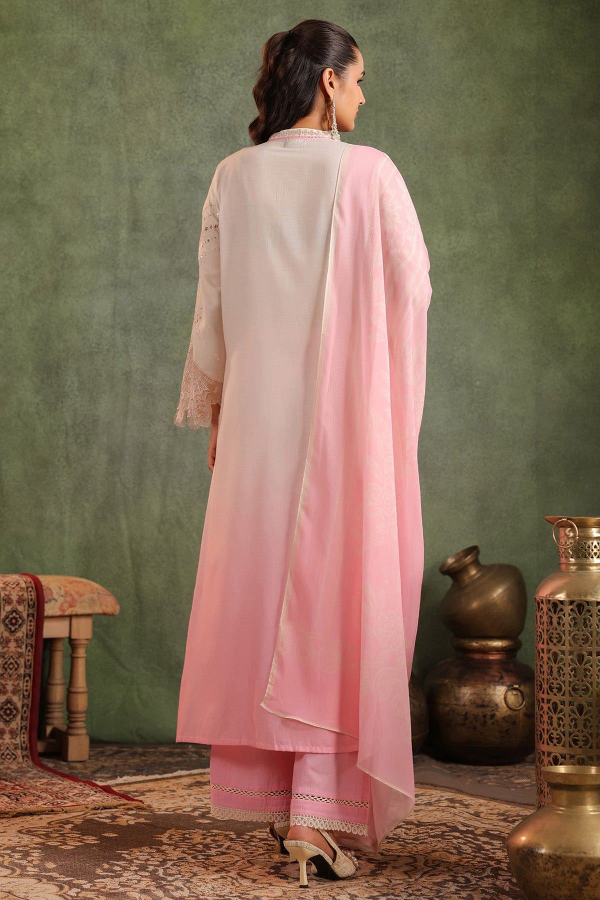 Blush Pink Cotton Embroidered Straight Suit Set With Dupatta