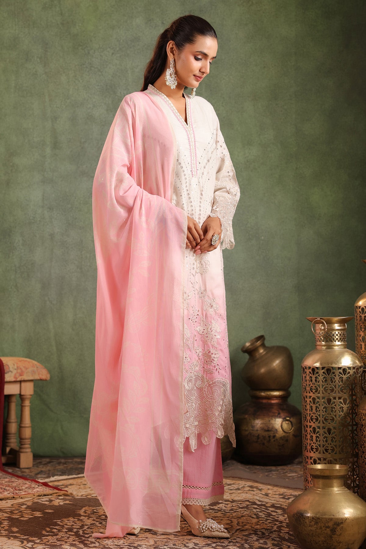 Blush Pink Cotton Embroidered Straight Suit Set With Dupatta