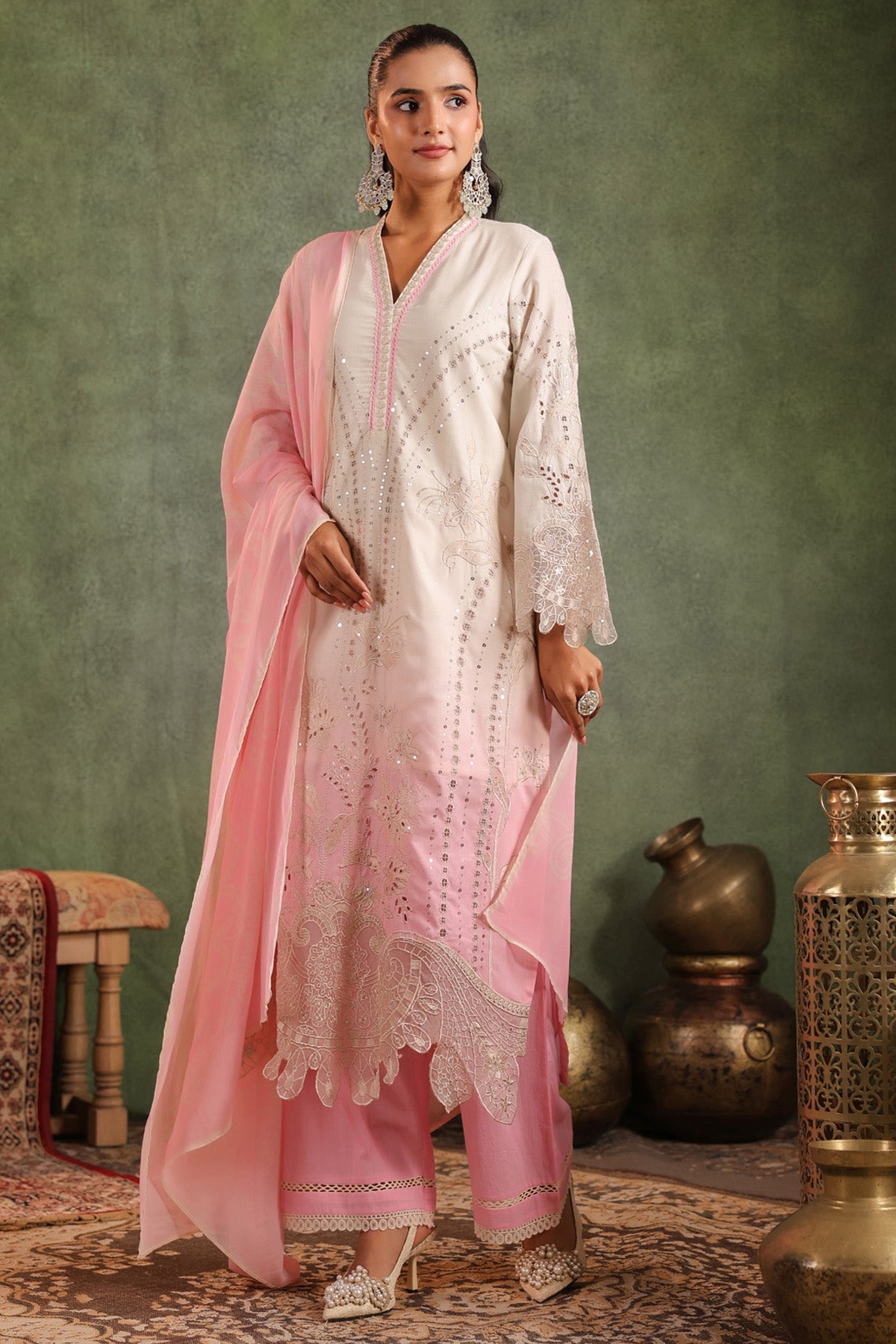 Blush Pink Cotton Embroidered Straight Suit Set With Dupatta