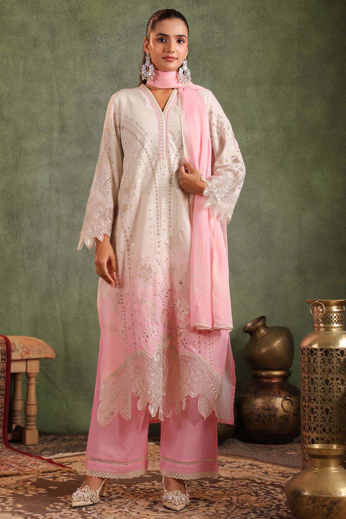 Blush Pink Cotton Embroidered Straight Suit Set With Dupatta