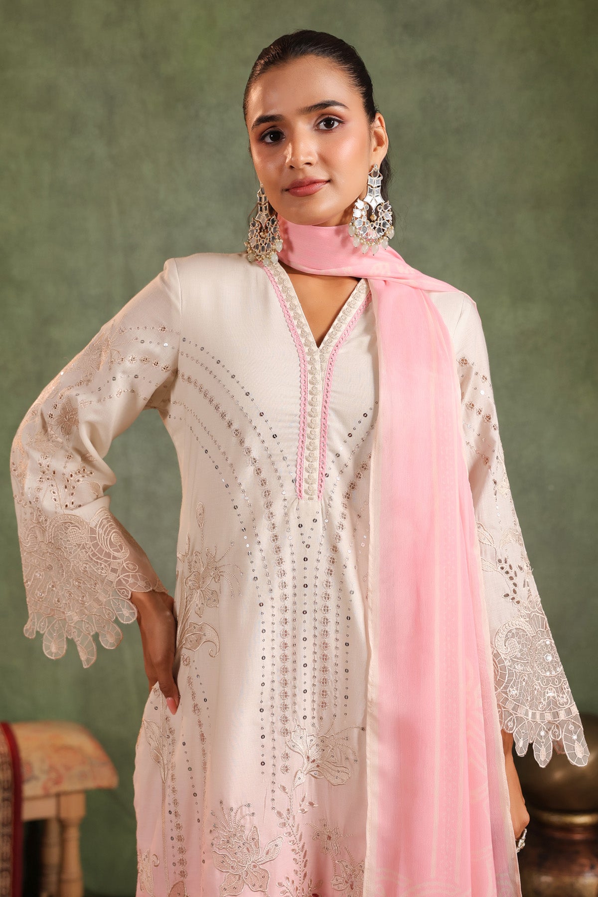 Blush Pink Cotton Embroidered Straight Suit Set With Dupatta