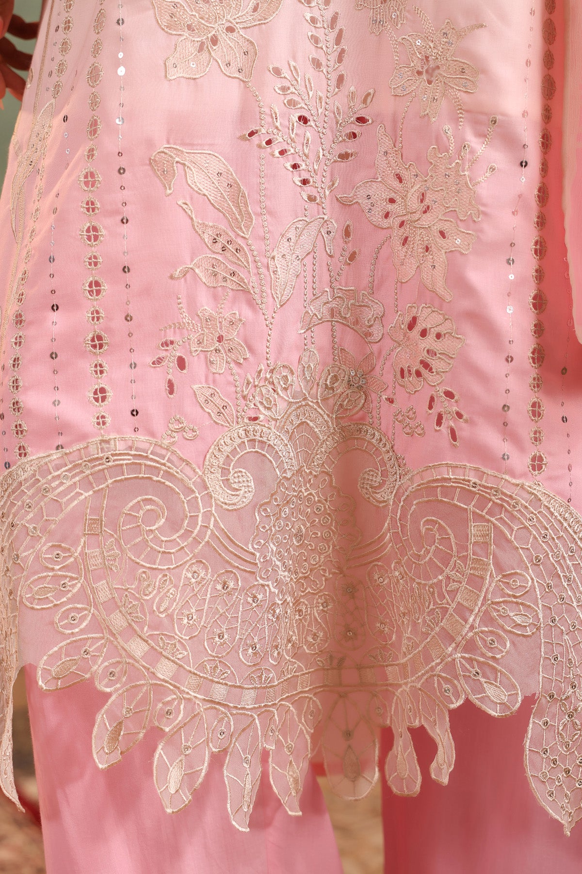 Blush Pink Cotton Embroidered Straight Suit Set With Dupatta