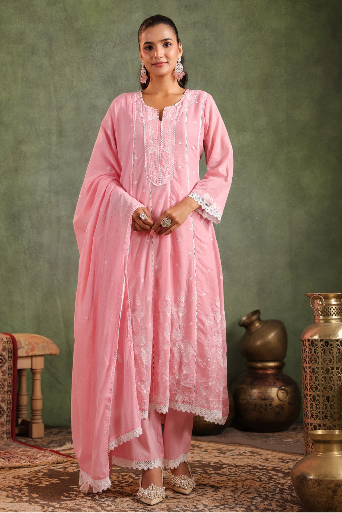 Pink Mul Mul Embroidered Suit Set