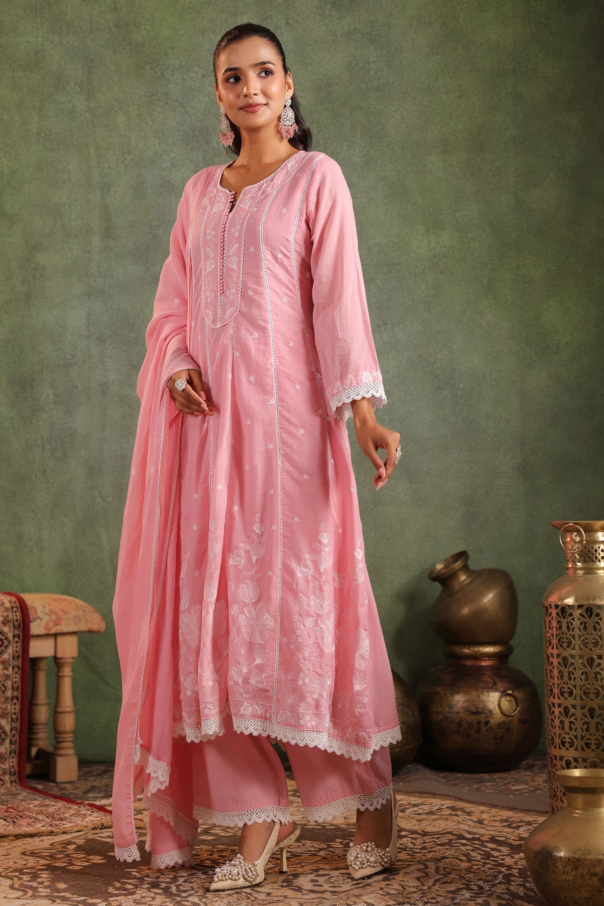 Pink Mul Mul Embroidered Suit Set