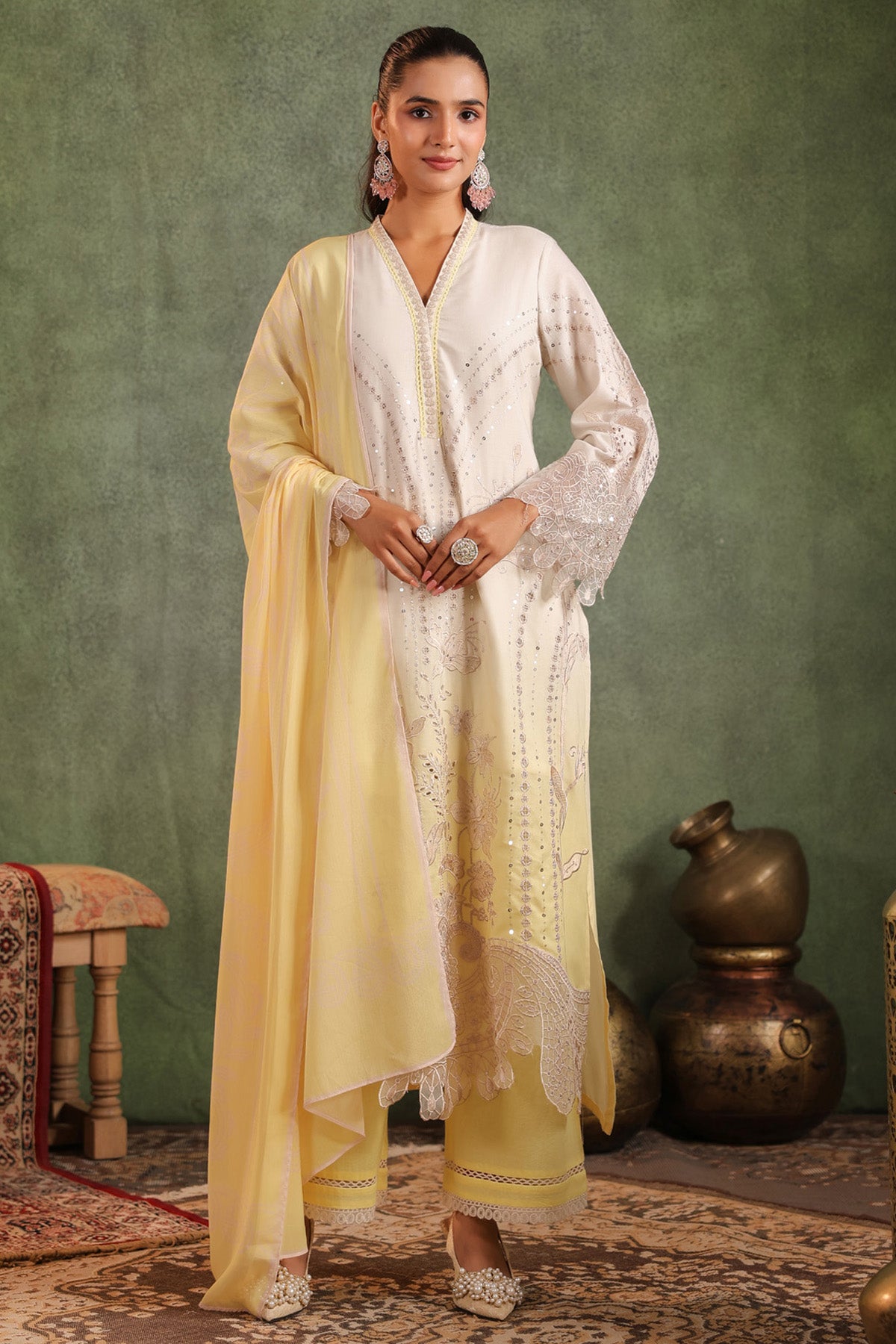 Pastel Yellow Cotton Embroidered Straight Suit Set With Dupatta