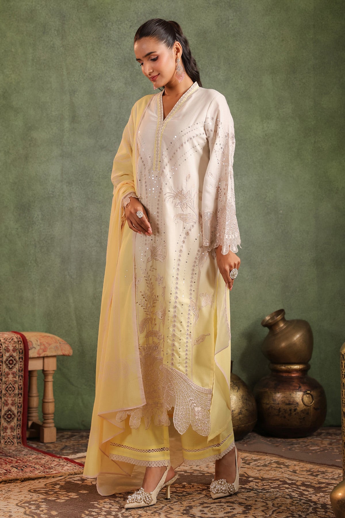 Pastel Yellow Cotton Embroidered Straight Suit Set With Dupatta