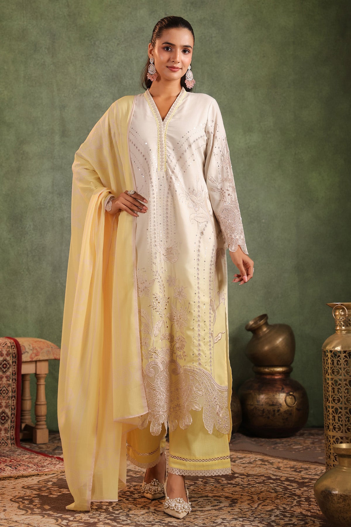 Pastel Yellow Cotton Embroidered Straight Suit Set With Dupatta