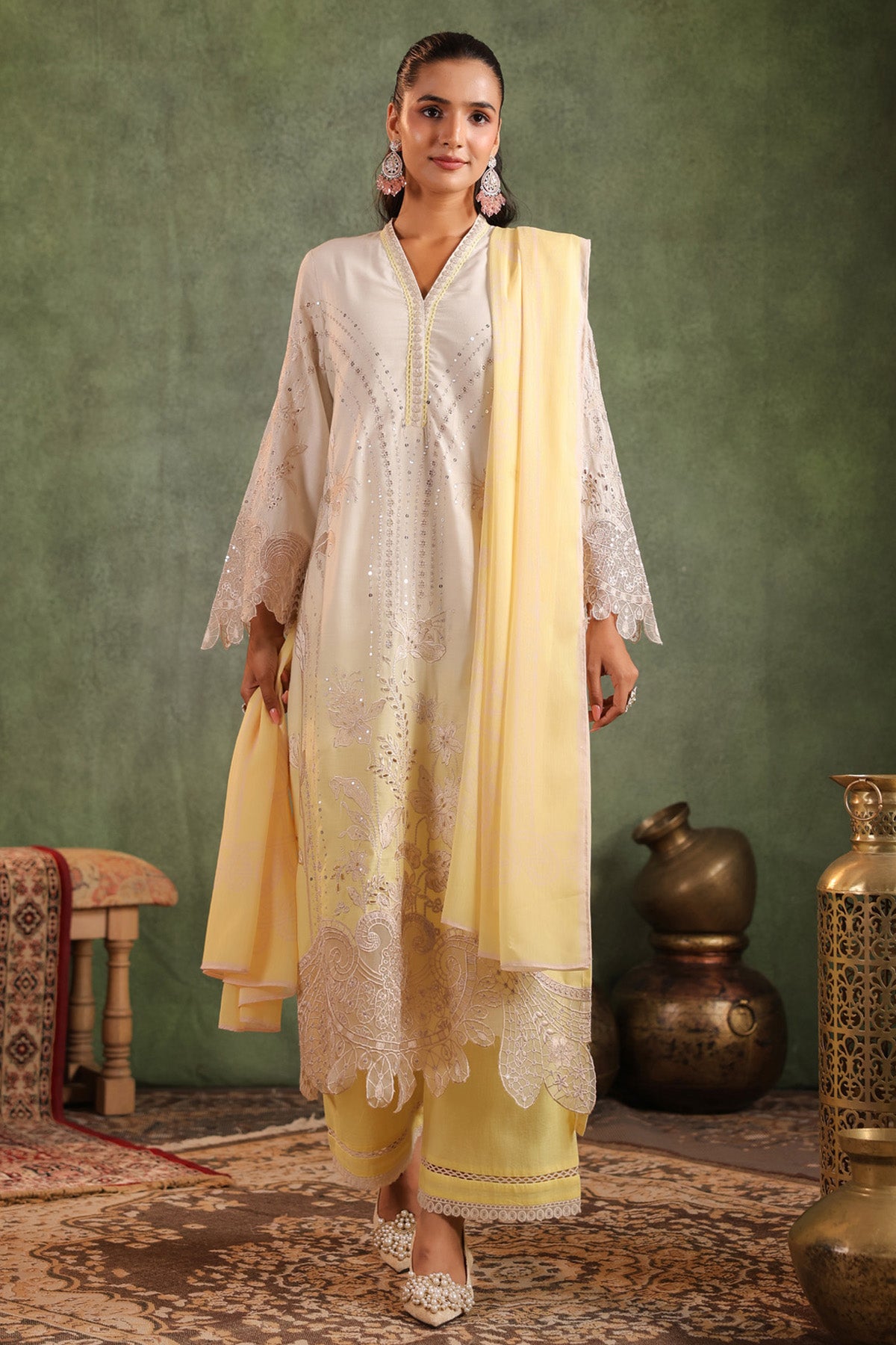 Pastel Yellow Cotton Embroidered Straight Suit Set With Dupatta