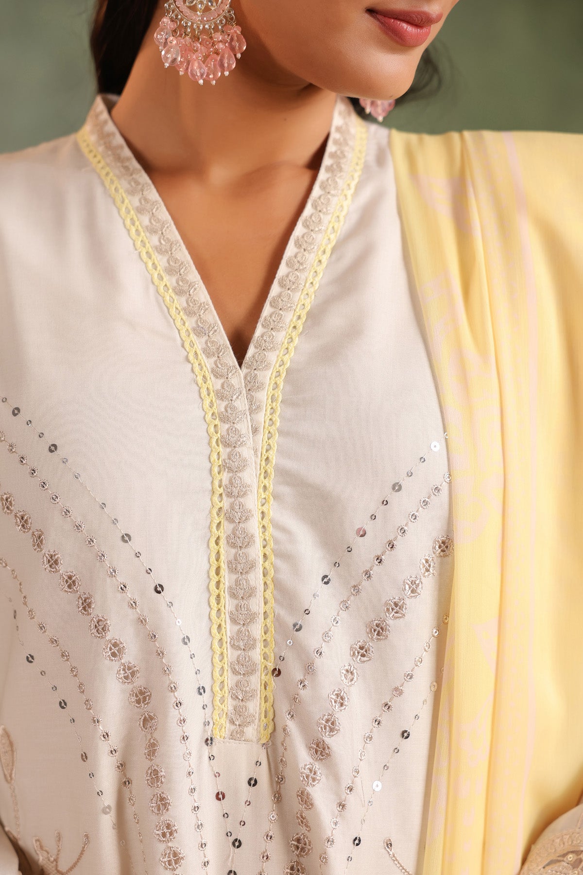 Pastel Yellow Cotton Embroidered Straight Suit Set With Dupatta