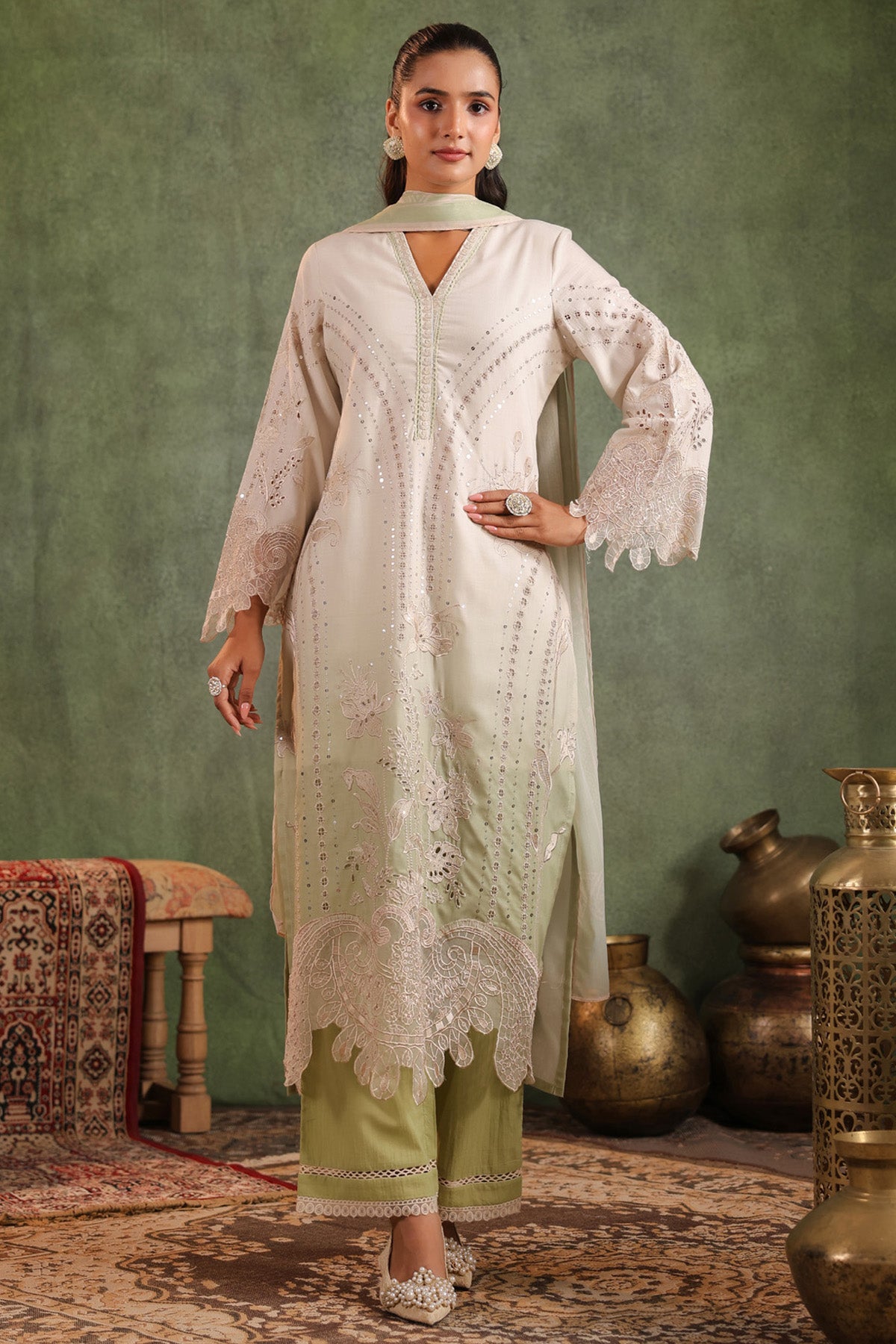 Sage Green Cotton Embroidered Straight Suit Set With Dupatta