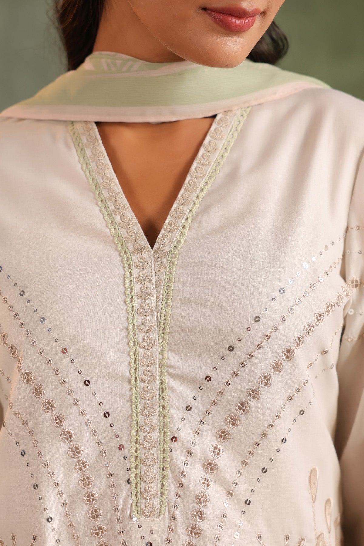 Sage Green Cotton Embroidered Straight Suit Set With Dupatta