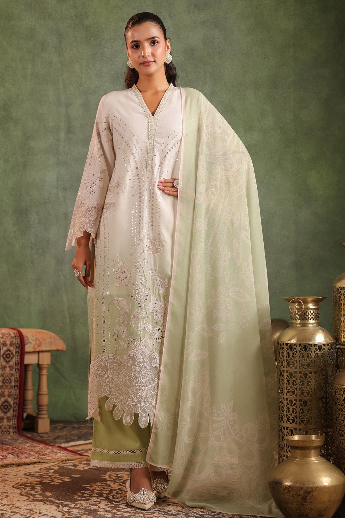 Sage Green Cotton Embroidered Straight Suit Set With Dupatta