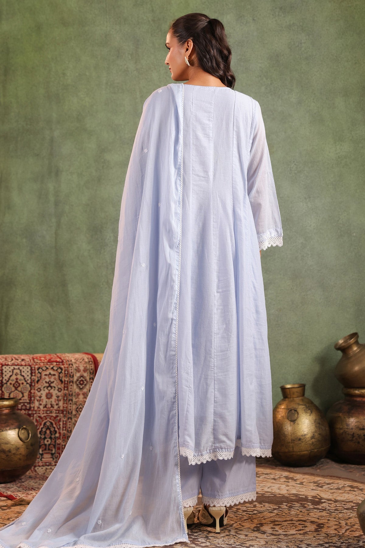 Blue Mul Mul Embroidered Suit Set