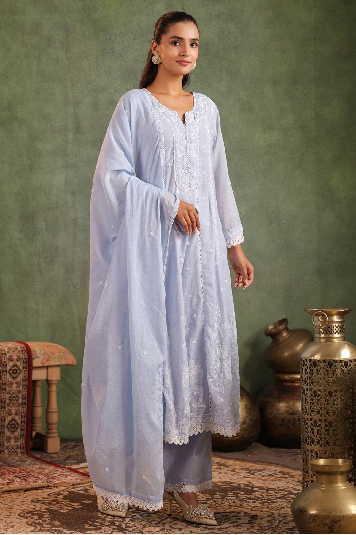 Blue Mul Mul Embroidered Suit Set