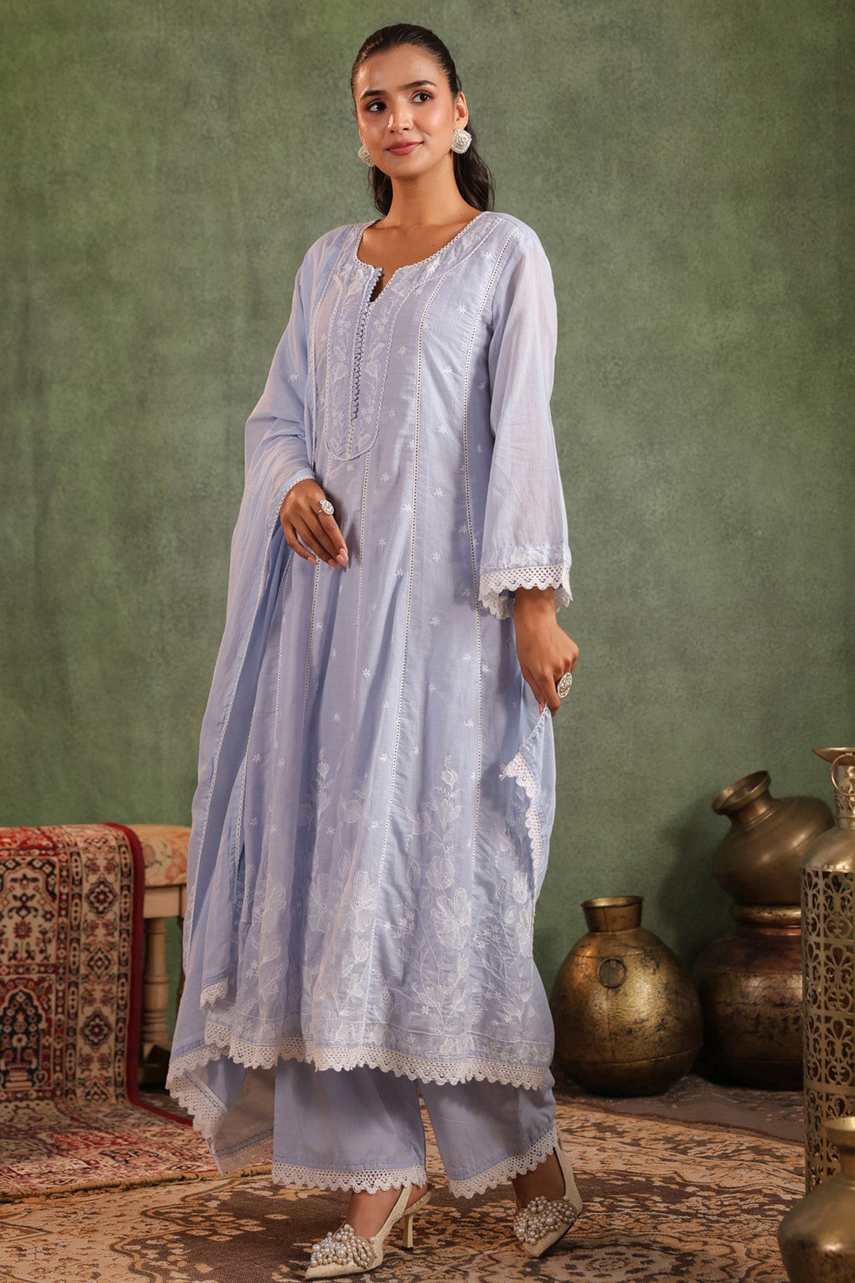 Blue Mul Mul Embroidered Suit Set